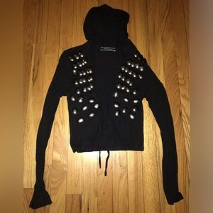 TA Collection Black Silver Armor Plates Studs Tie Hood Crop Blouse Shirt Top M